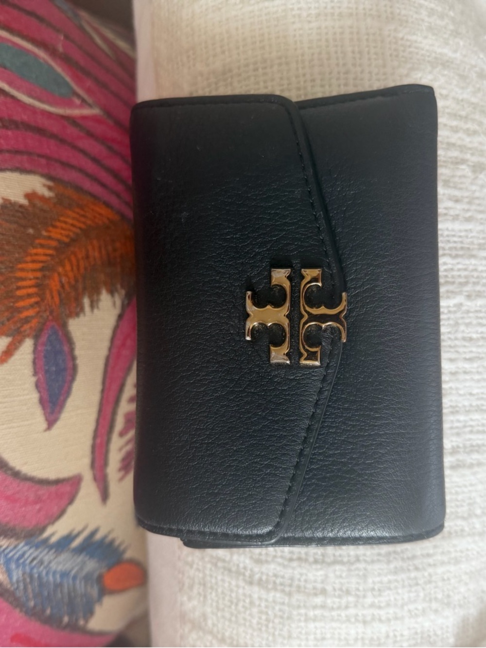 Tory Burch Black Leather Trifold Wallet with Gold Logo